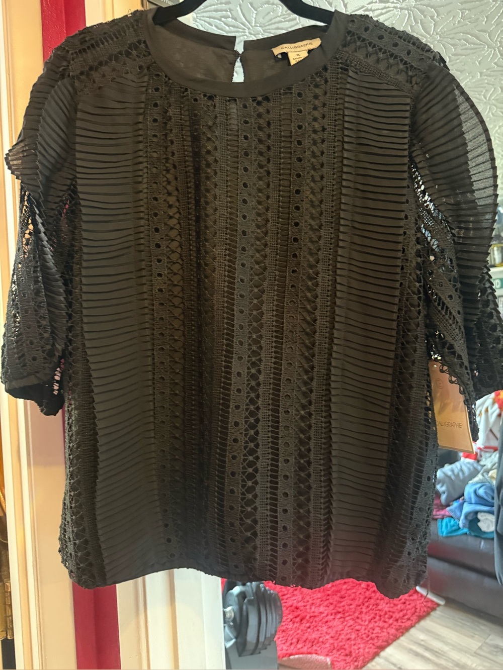 Calligraphie Black Lace Crochet Short Sleeve Top. Brand New!